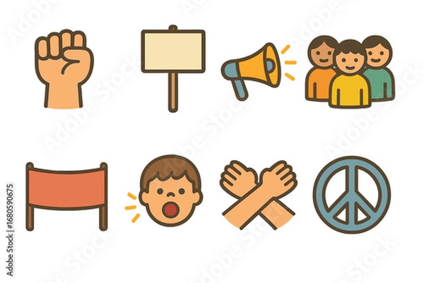 Fototapeta Children's Protest Icons. Flat vector mini-illustrations protest strikes in colors children's illustrations: raised fist, protest
