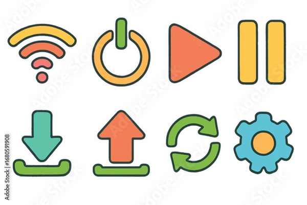 Fototapeta Colorful Kids' Icons. Flat vector mini-illustrations digital symbols in colors children's illustrations: wifi icon, power button,