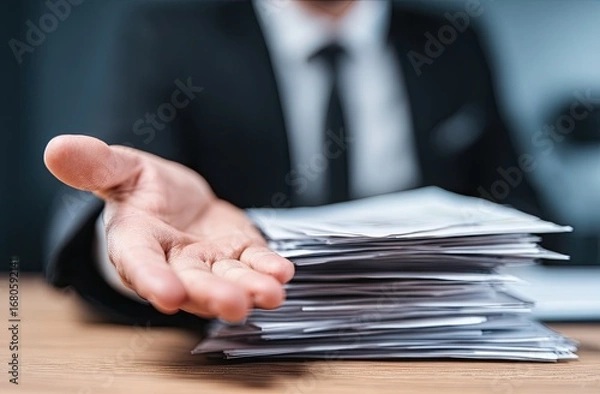 Fototapeta A hand outstretched, offering a stack of documents