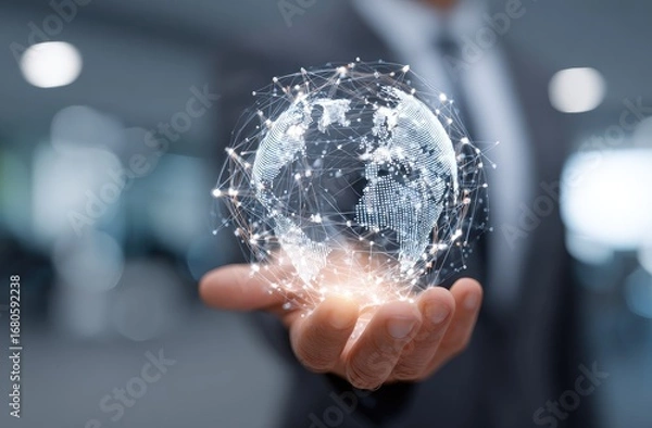 Fototapeta Businessperson holds a holographic world map, network-connected