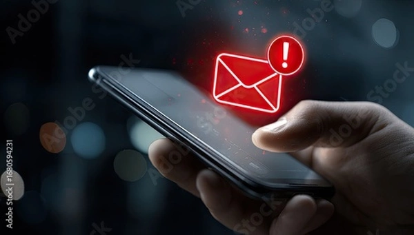 Fototapeta Hand holding phone with glowing red email notification