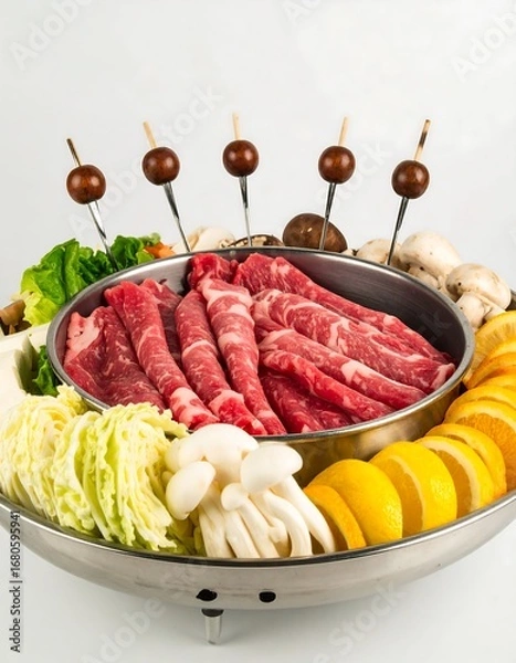 Fototapeta Fresh raw beef and vegetables in a round metal dish