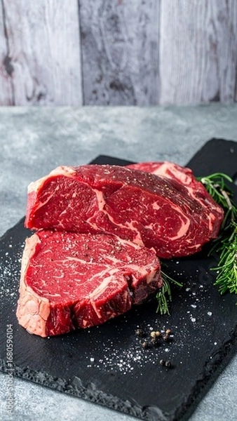 Fototapeta Fresh, raw steaks on a dark board