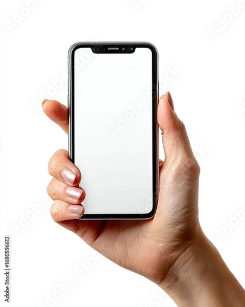 Fototapeta Hand holding a smartphone with blank screen, isolated on white