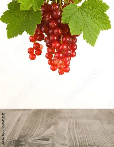 Fototapeta Fresh red currants on a wooden surface