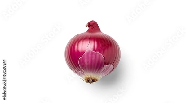 Fototapeta A single red onion, whole and unpeeled, isolated on a clean white background, viewed from directly above with a subtle shadow.