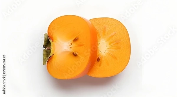 Obraz Two halves of a ripe orange persimmon fruit with seeds on a white background, viewed from above.