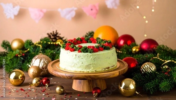Fototapeta Festive, light green frosted cake adorned with a red and green wreath, displayed on a wooden cake stand amongst Christmas ornaments