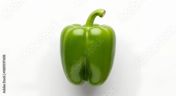 Fototapeta Vibrant green bell pepper isolated on a clean white background, viewed from directly above.