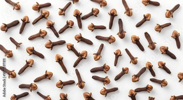 Obraz Many dried brown cloves scattered randomly on a clean white background, viewed from directly above.