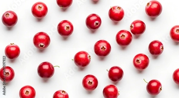 Obraz Fresh red cranberries scattered evenly on a clean white background, viewed from above.
