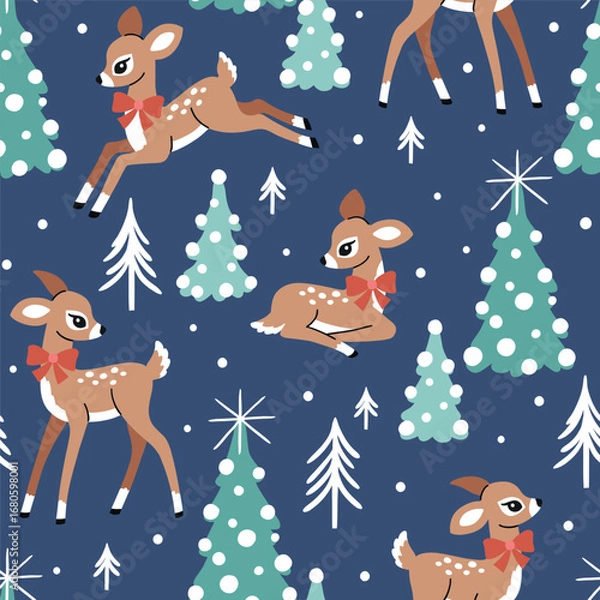 Fototapeta Seamless vector pattern with cute deer, snowy Christmas trees and snowflakes. Hand drawn vintage fawn. Perfect for textile, wallpaper or nursery print design.
