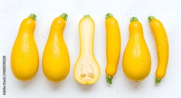 Fototapeta Six vibrant yellow summer squash, one cut open, arranged neatly on a clean white studio background from a top-down perspective.