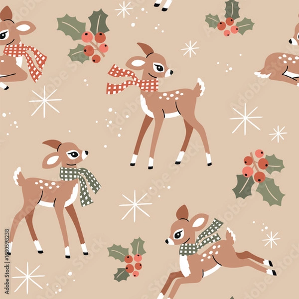 Fototapeta Seamless vector pattern with cute deer, pine trees, berries and snowflakes. Hand drawn vintage Christmas fawn. Perfect for textile, wallpaper or nursery print design.