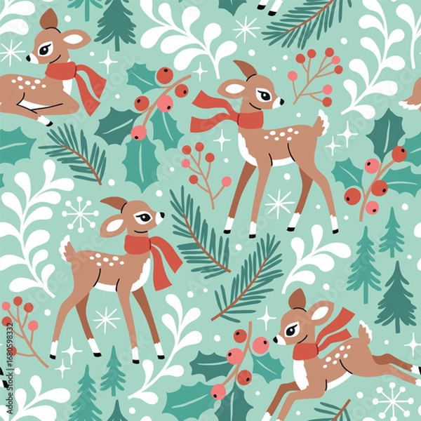 Fototapeta Seamless vector pattern with cute deer, pine trees, berries and snowflakes. Hand drawn vintage Christmas fawn. Perfect for textile, wallpaper or nursery print design.