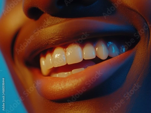 Obraz Close-up of radiant smile revealing white teeth on person with dark skin under soft blue and orange lighting