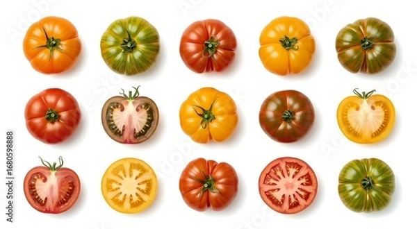 Obraz Overhead view of a variety of colorful heirloom tomatoes, whole and sliced, arranged on a white background.