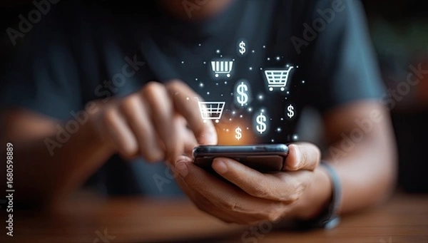 Fototapeta Close-up of hands holding a phone with shopping icons overlayed