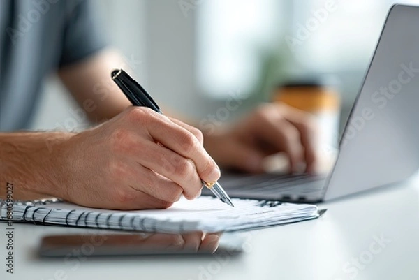 Fototapeta Close-up of person writing in spiral notebook while using laptop