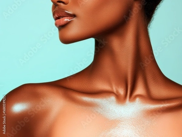 Obraz Portrait of a Beautiful Woman with Glossy Skin against a Blue Background Emphasizing Grace and Elegance