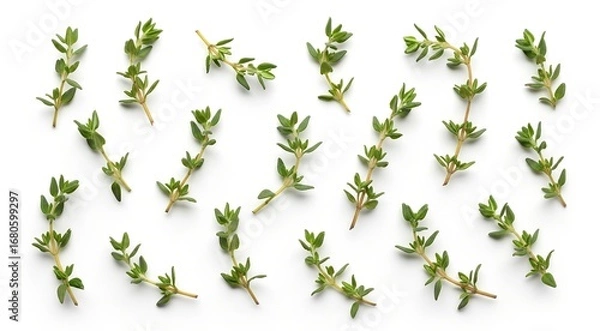 Obraz Fresh green thyme sprigs scattered on a clean white background, showcasing aromatic herbs for cooking.