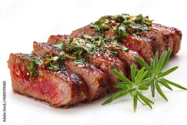 Fototapeta Sliced steak with herb sauce