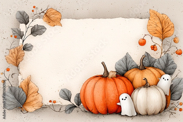 Fototapeta Whimsical watercolor pumpkins with ghosts, autumn leaves, and soft textures create a cozy harvest-themed scene.