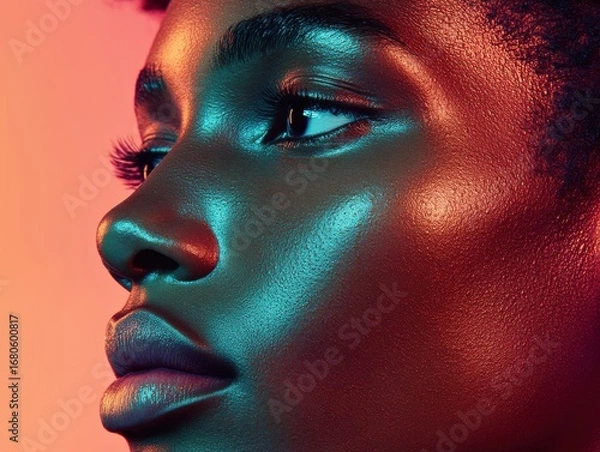 Obraz Stunning Portrait of a Young Person with Glowing Skin and Artistic Lighting in Vibrant Colors