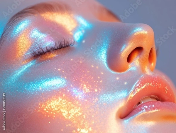 Obraz Close-Up of a Woman's Face with Shimmering Makeup Under Soft Light in Pastel Colors