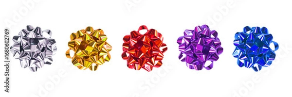 Fototapeta Set of colorful silver, golden, red, purple and blue shiny gift bows and ribbons isolated on white or transparent background, png file