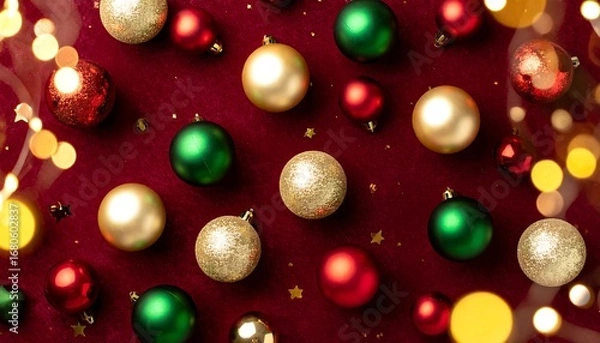 Fototapeta Festive ornaments scattered on a dark red background with gold stars and bokeh lights