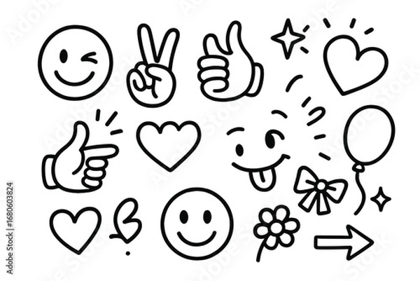 Fototapeta Playful Doodle Icons. Hand-drawn doodle illustration winking playful gestures wink eye, peace sign, thumbs up, tongue out, finger