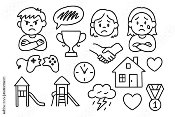 Fototapeta Siblings Rivalry Icons. Hand-drawn doodle illustration siblings rivalry jealousy angry face, sad face, broken toy, crossed arms,