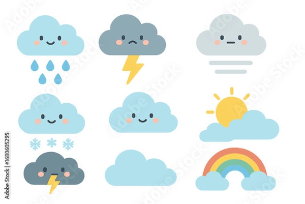 Fototapeta Weather Icon Grid. Flat vector mini-illustrations weather with clouds in colors children's illustrations: rainy cloud,