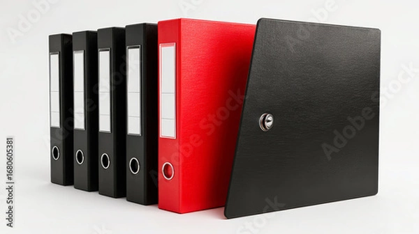 Fototapeta Sophisticated row of black office folders with a striking red folder tilted forward on a white background