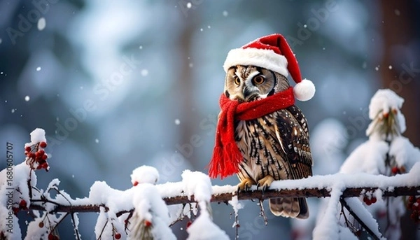 Fototapeta Festive owl perched on a snow-covered branch, wearing a Santa hat and scarf