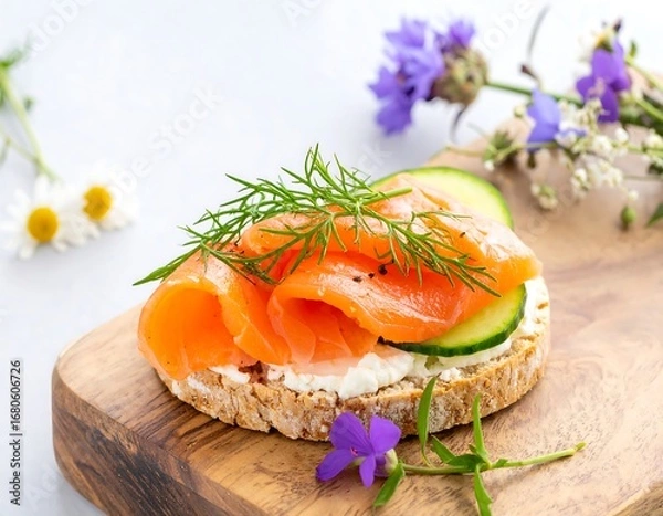 Fototapeta Fresh salmon and cucumber sandwich