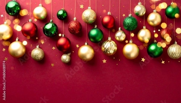 Fototapeta Festive red background with hanging ornaments; gold stars and bokeh