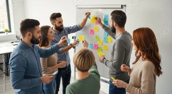 Fototapeta A group of six people brainstorming on a whiteboard with sticky notes.