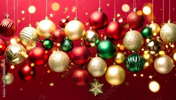 Fototapeta Festive red background with hanging ornaments in red, green, and gold