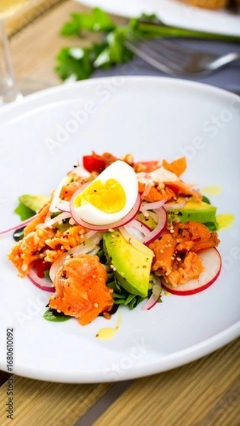 Fototapeta Fresh salmon salad with egg and avocado