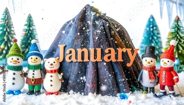 Fototapeta Festive snowmen surround a sculpted mountain with "January" spelled out in front