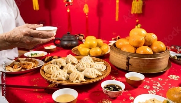 Fototapeta Festive table laden with dumplings, oranges, teacups, and other dishes