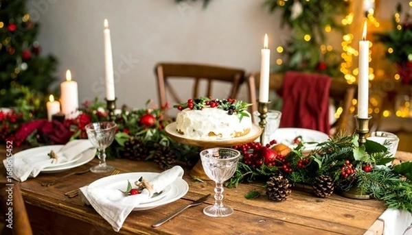 Fototapeta Festive table setting with cake, candles, and greenery (1)