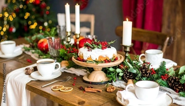 Fototapeta Festive table setting with cake, candles, and greenery