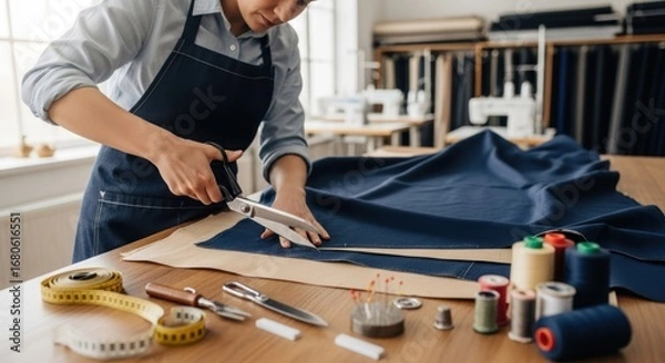 Fototapeta A tailor cutting fabric with scissors in a workshop.
