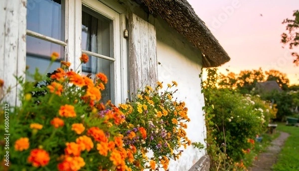 Fototapeta Cottage Window Flowers Dusk