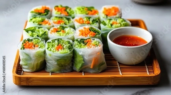 Fototapeta A tray of pre-cooked spring rolls on a bamboo mat, dipping sauce beside, copy space at the bottom,