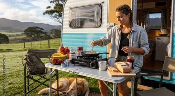 Fototapeta A woman cooking in front of a camper van with a dog sleeping on the ground.