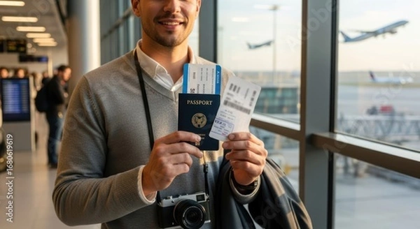 Fototapeta A man holding a passport and boarding pass in an airport.